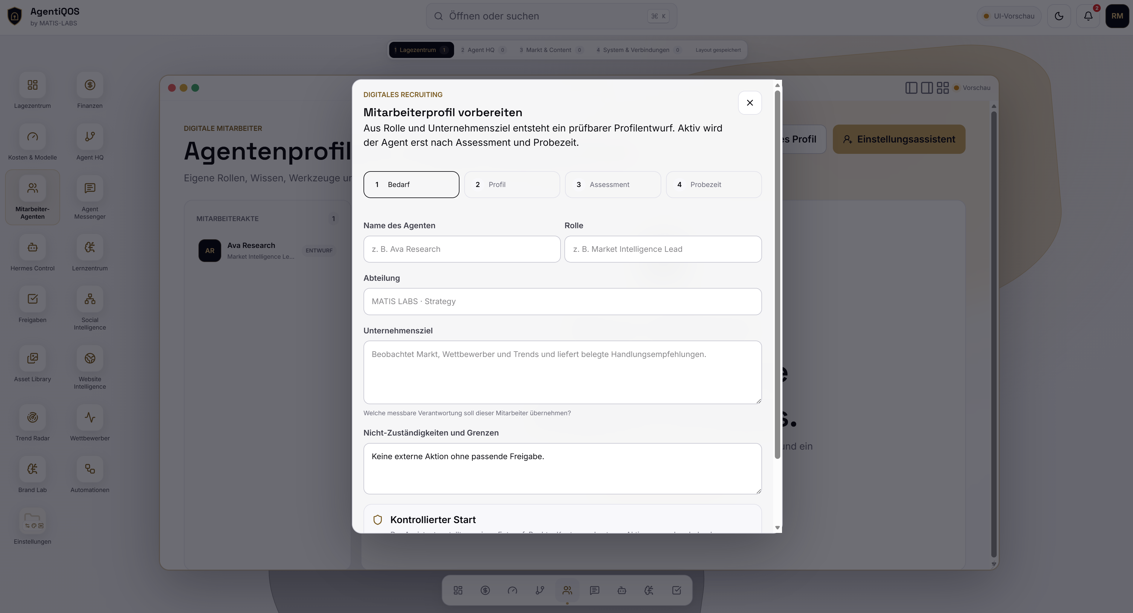 Digitales Recruiting in AgentiQOS mit Bedarf, Profil, Assessment und Probezeit
