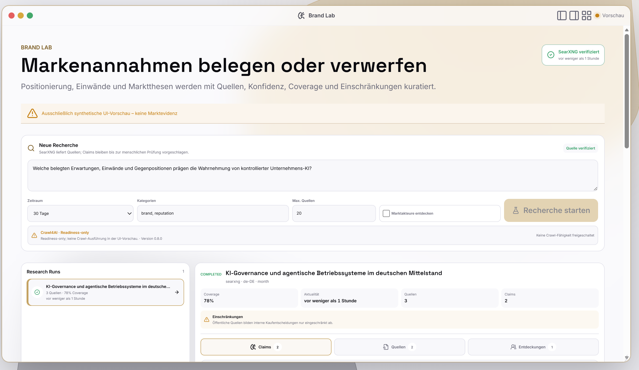 AgentiQOS Brand Lab zur quellenbasierten Prüfung von Markenannahmen