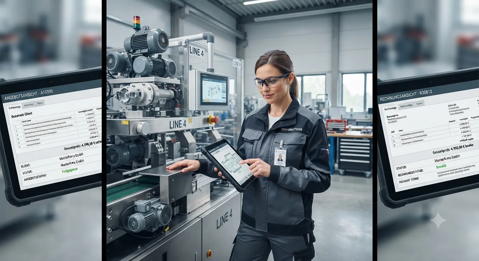 Servicetechniker mit Tablet vor einer Anlage, daneben Angebots- und Rechnungsansicht