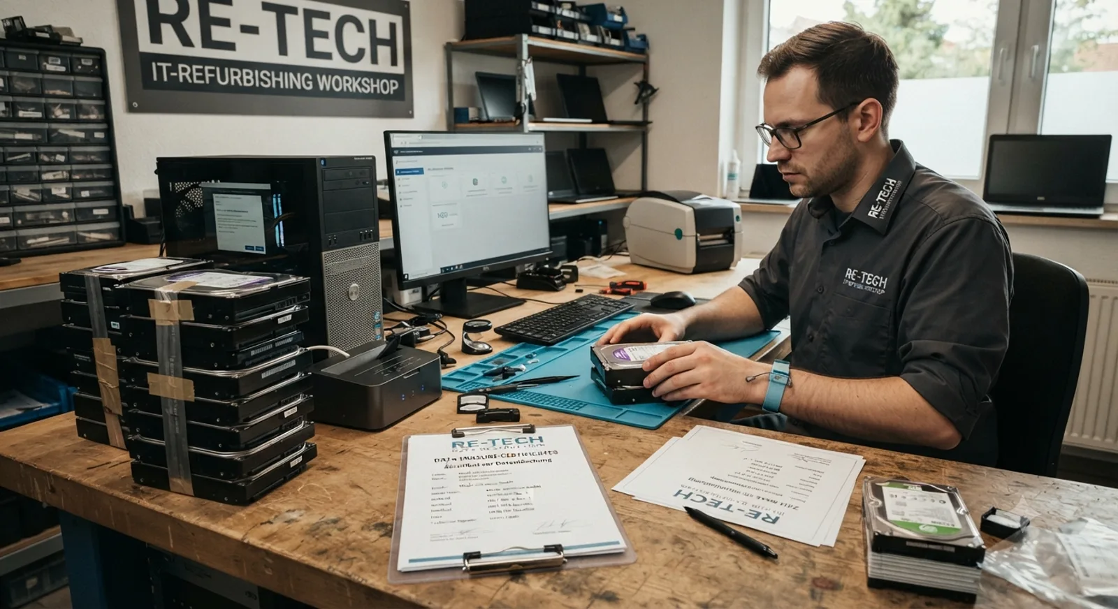 Arbeitsplatz eines IT-Refurbishers mit Plattenstapel und Löschzertifikaten