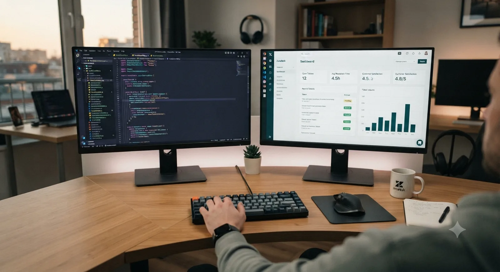Entwickler-Arbeitsplatz mit Code auf dem einen und aufgeräumtem Support-Dashboard auf dem anderen Monitor