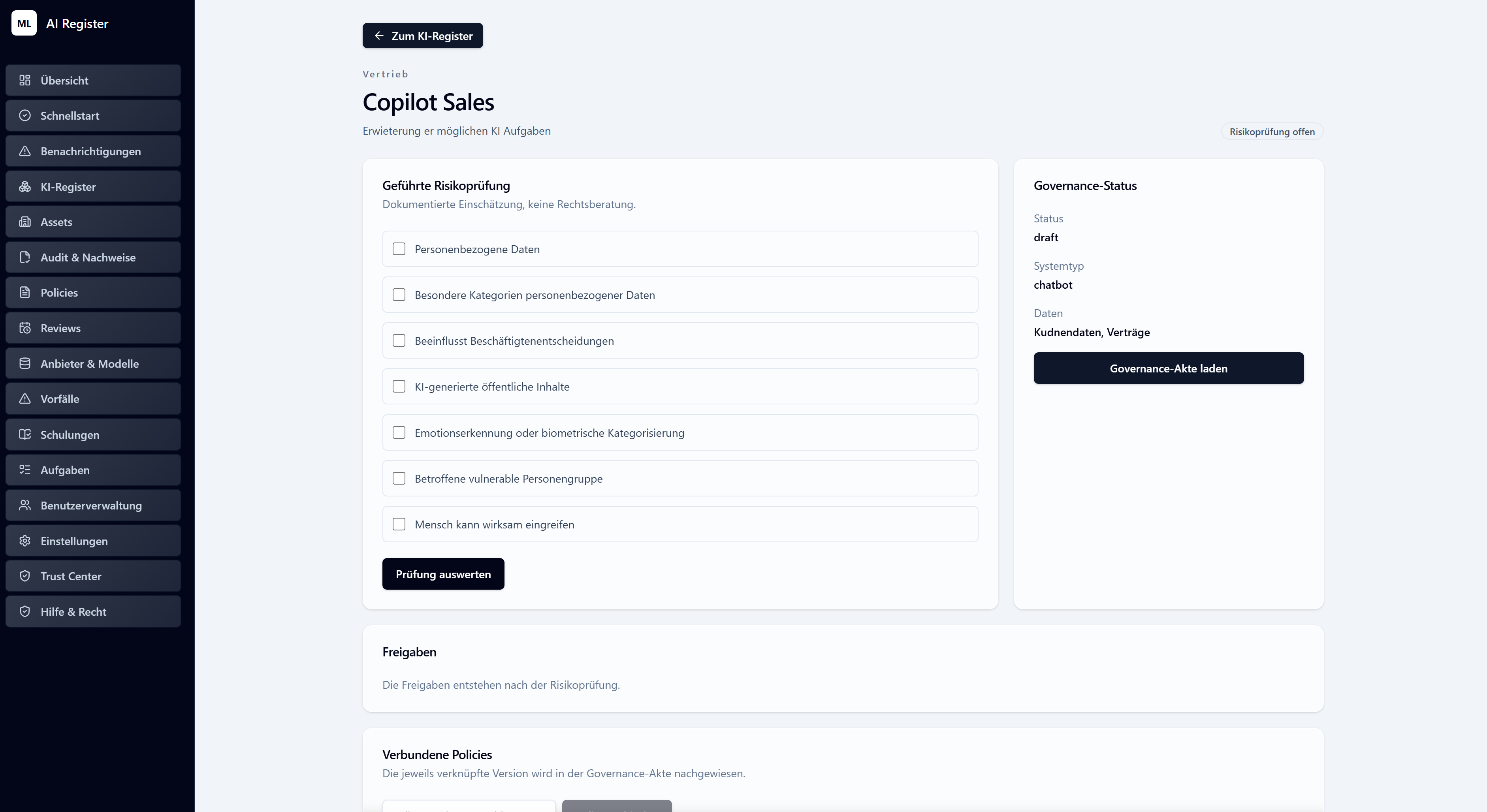 ML AI Register mit geführter Risikoprüfung und Governance-Status