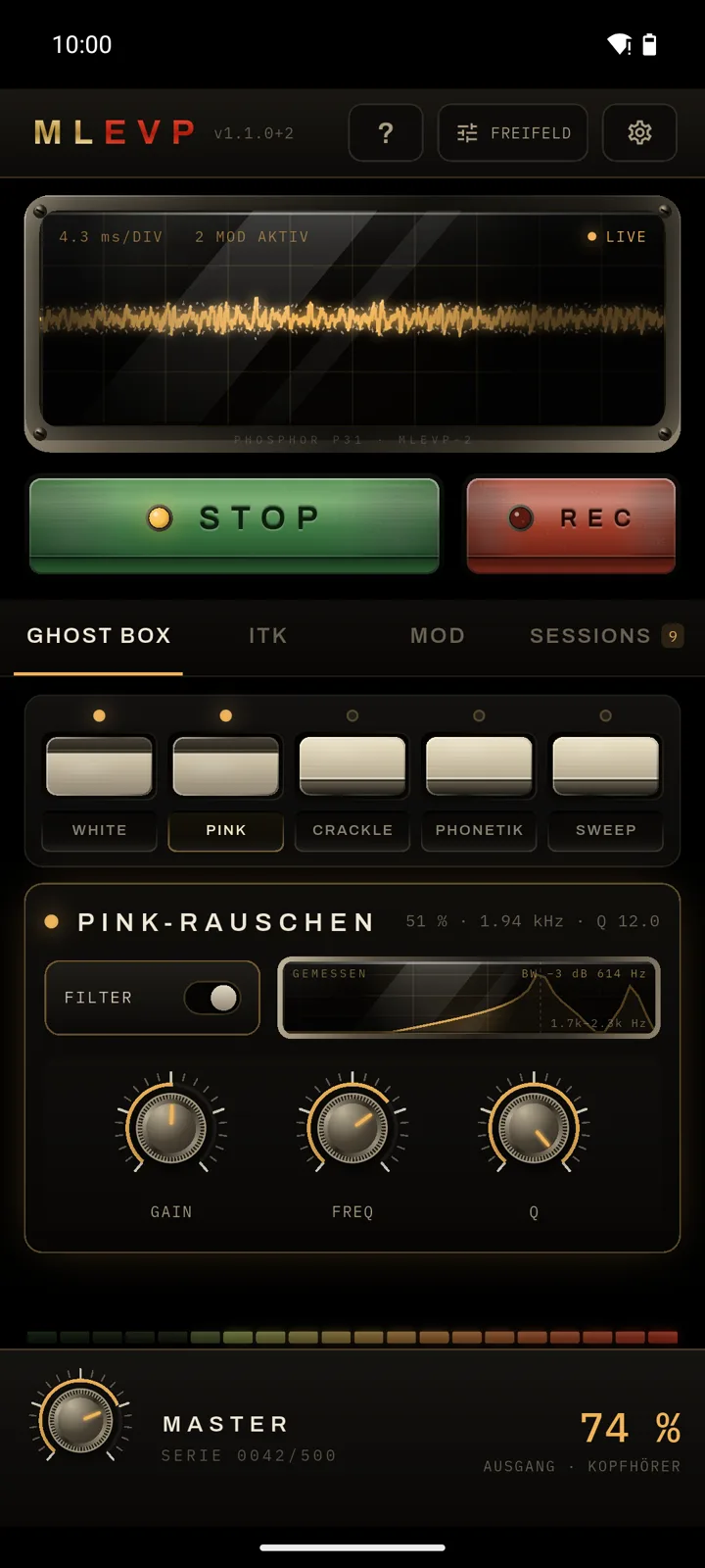 Ghost-Box-Ansicht mit analogen Reglern, Oszilloskop und laufendem Sweep