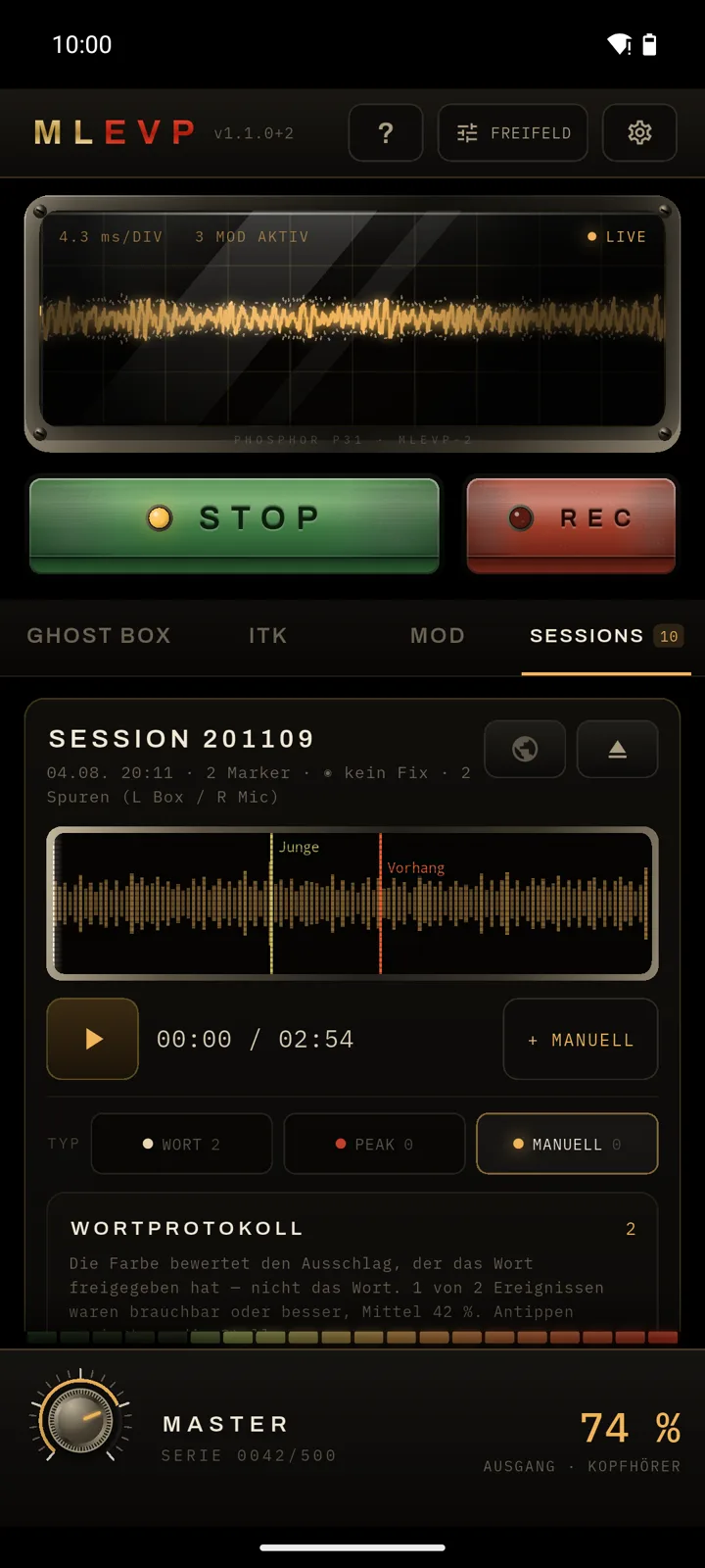 Session-Player mit Wellenform, Markern und Wortprotokoll