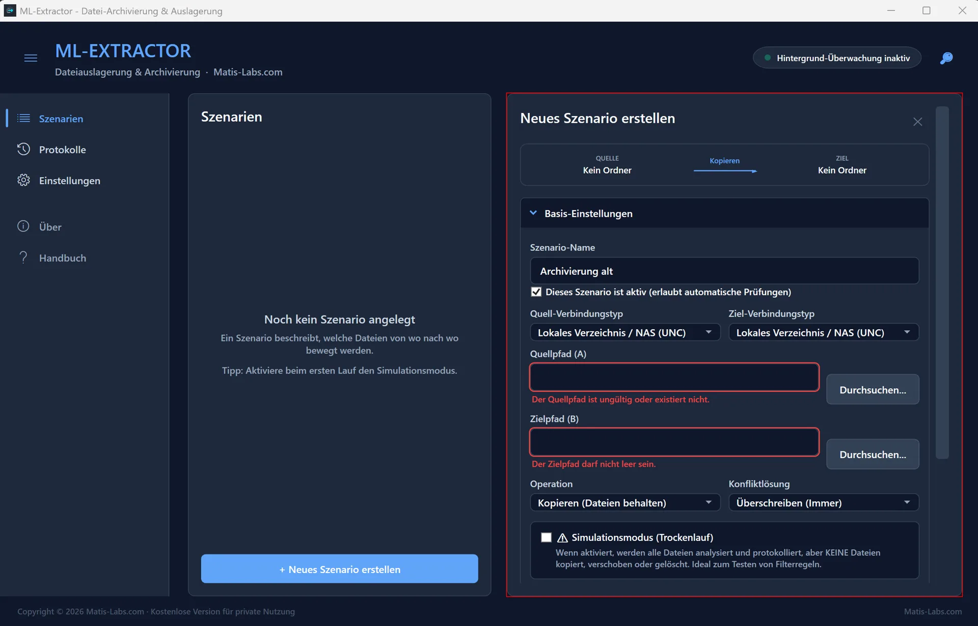 Szenario-Editor: Quelle, Ziel, Operation und Konfliktlösung eines neuen Szenarios