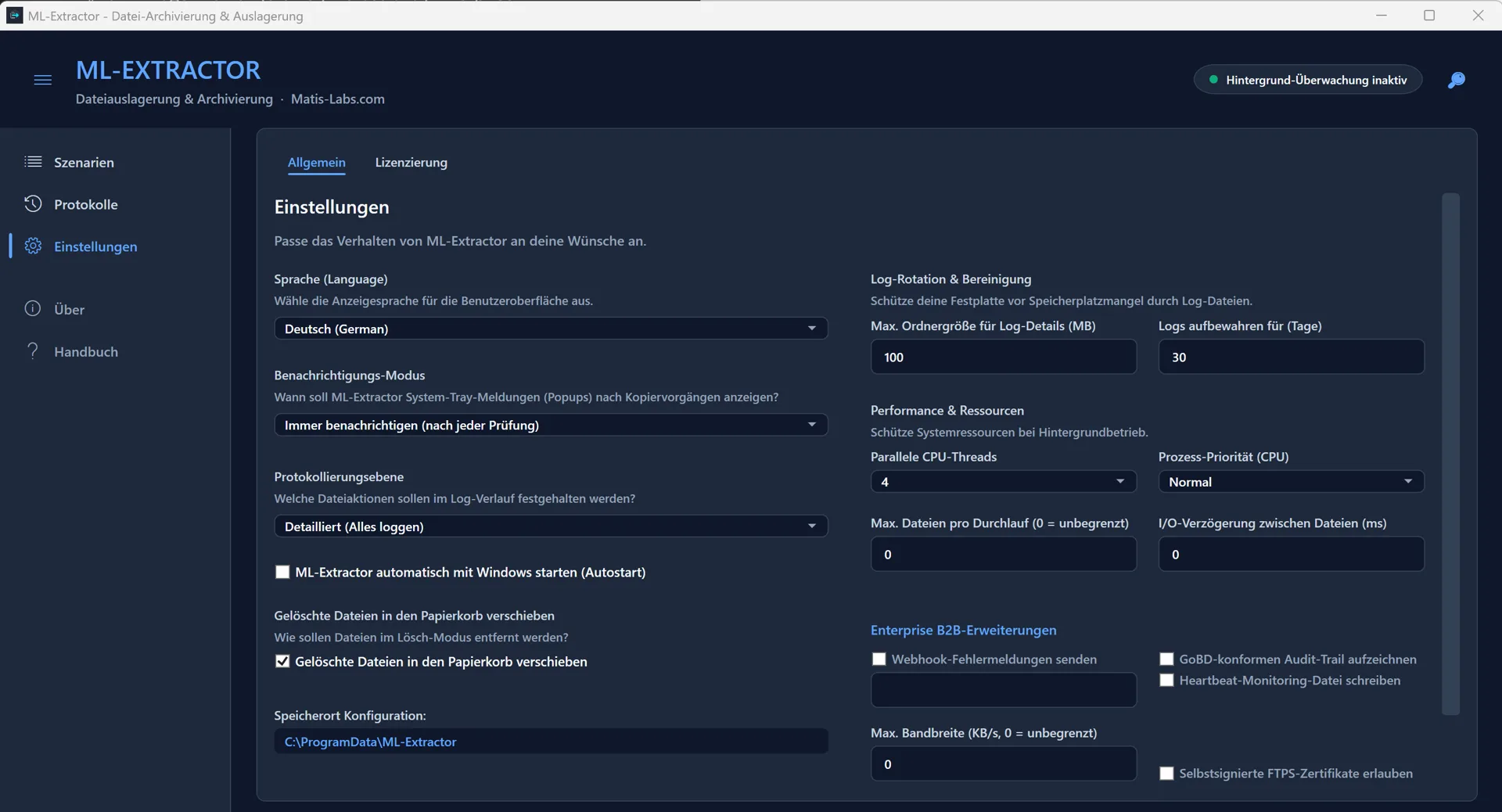 Einstellungen: Protokollierung, Log-Rotation, Performance und Enterprise-Erweiterungen