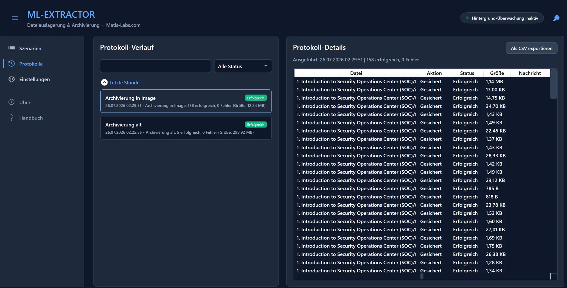 Protokoll-Verlauf mit Ergebnis je Datei und CSV-Export