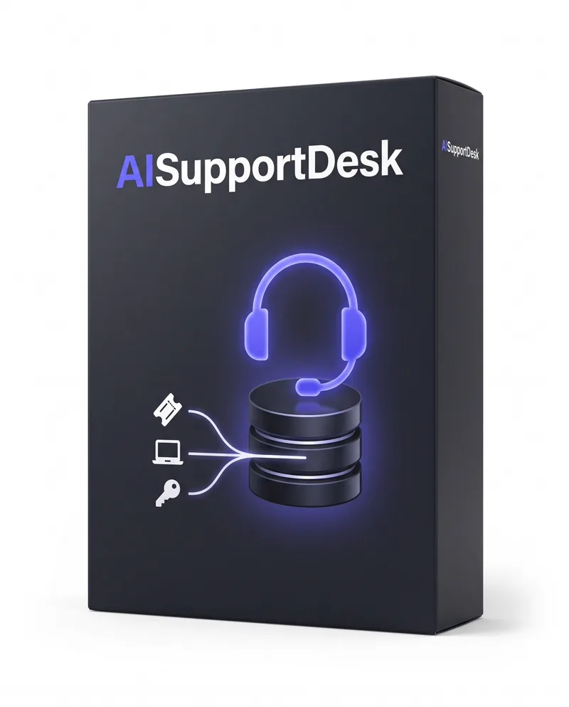 Produktbox AISupportDesk: Support-Headset über einer Datenbank, in die Ticket, Gerät und Lizenz zusammenfließen