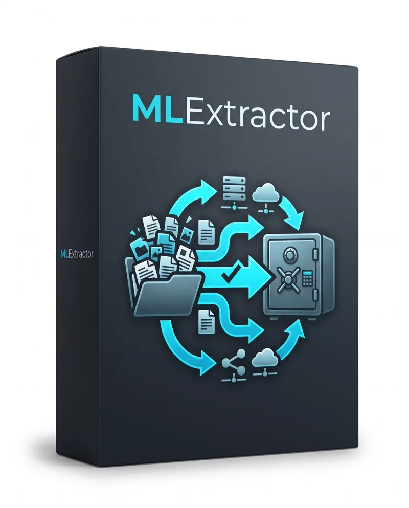 Produktbox MLExtractor: Dateien fließen aus einem vollen Ordner geprüft in einen Tresor