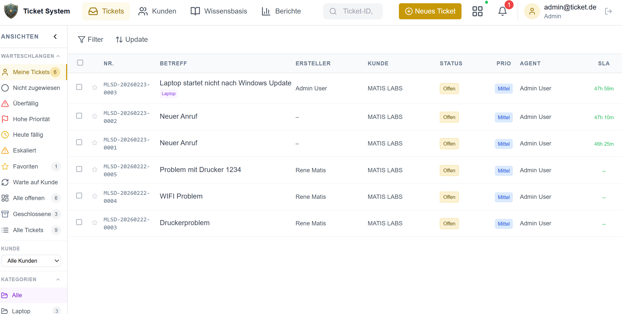 Agent Dashboard — Ticket-Übersicht