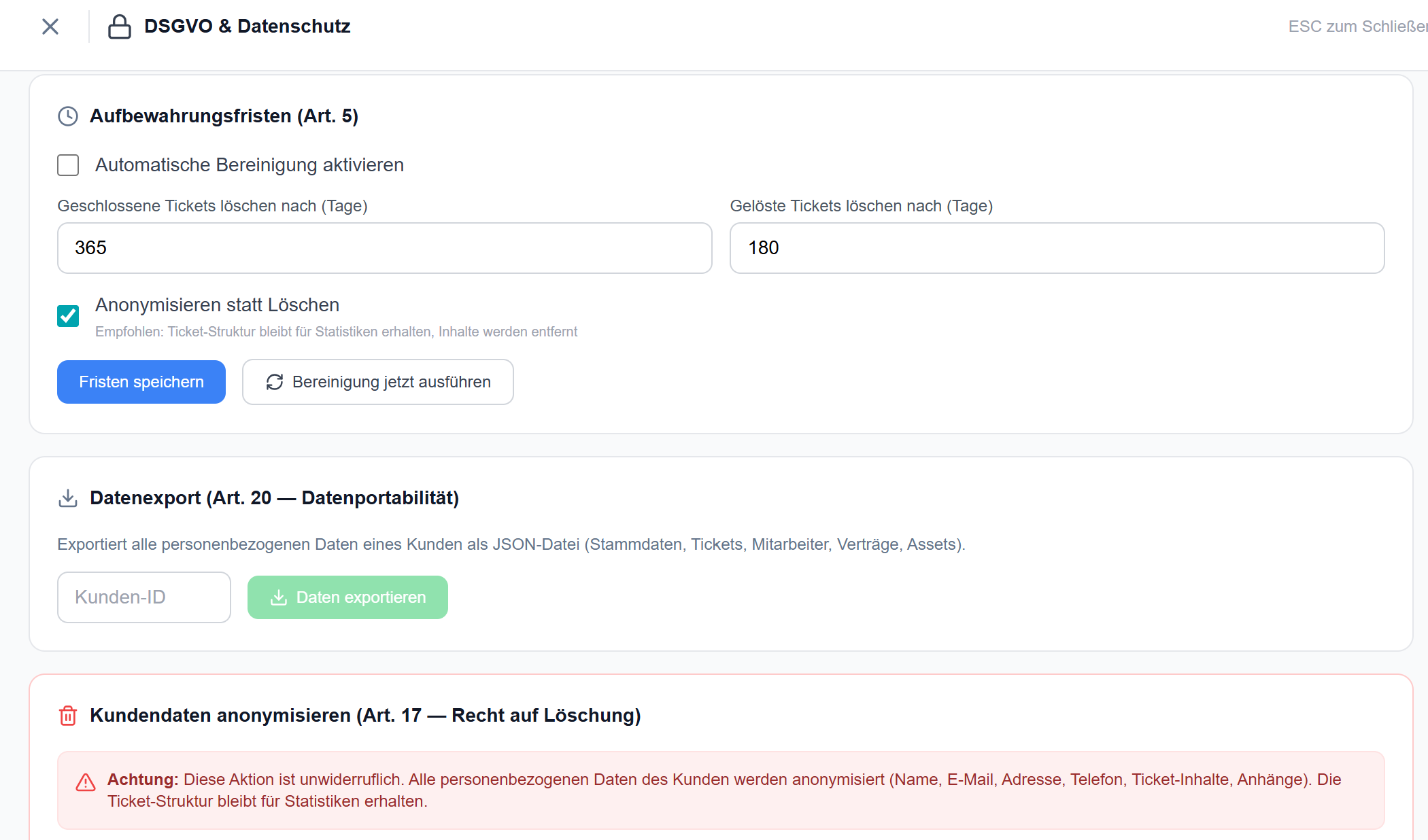 DSGVO & Datenschutz — Aufbewahrungsfristen, Export, Anonymisierung