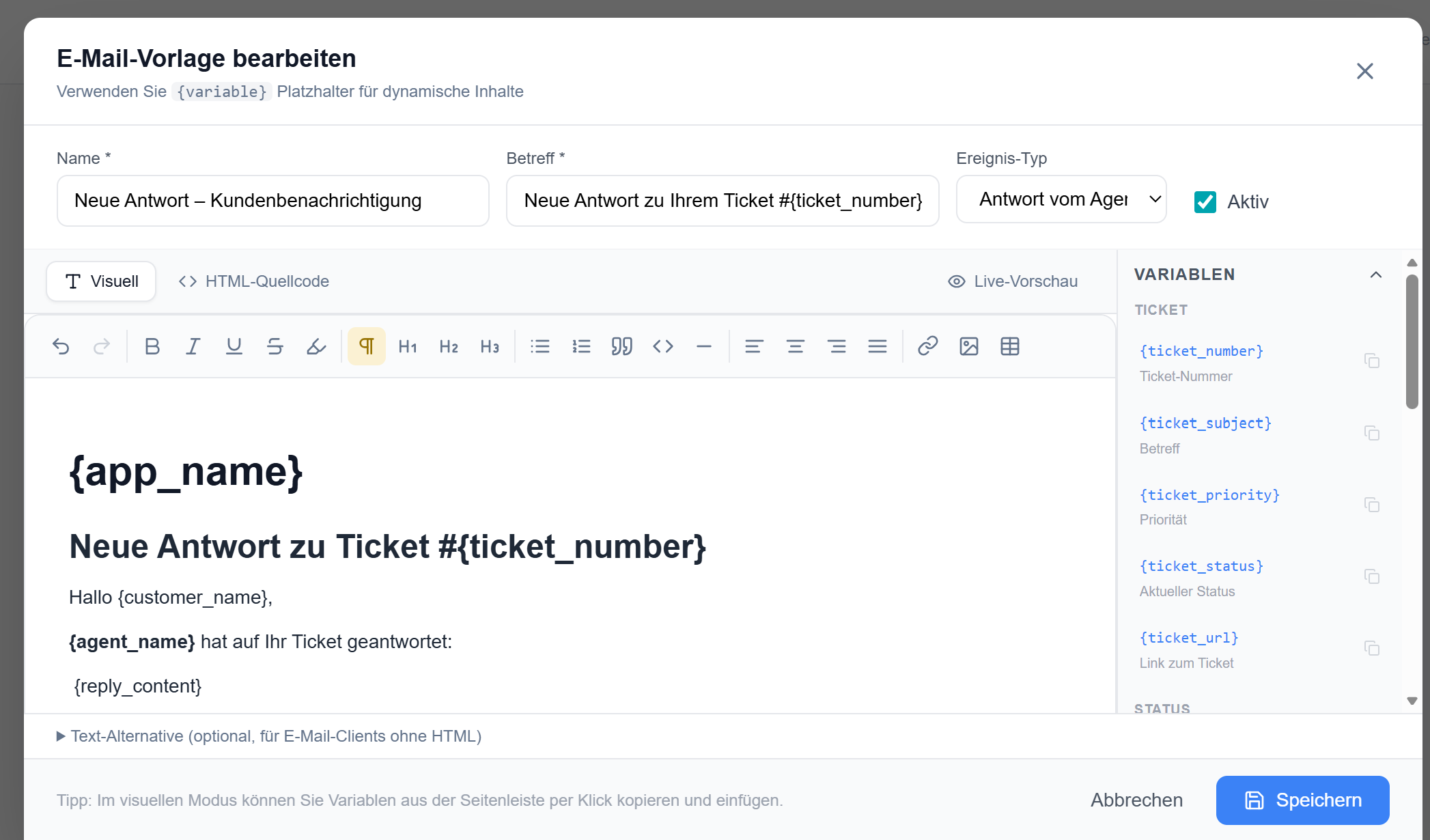 E-Mail-Vorlagen — Visueller Editor mit Variablen