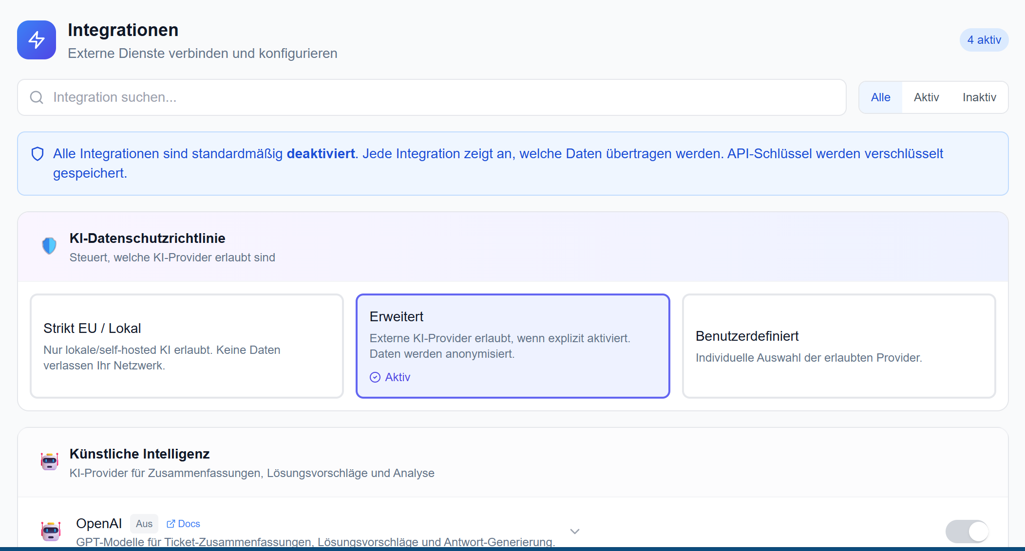 Integrationen — KI-Datenschutzrichtlinie & Provider
