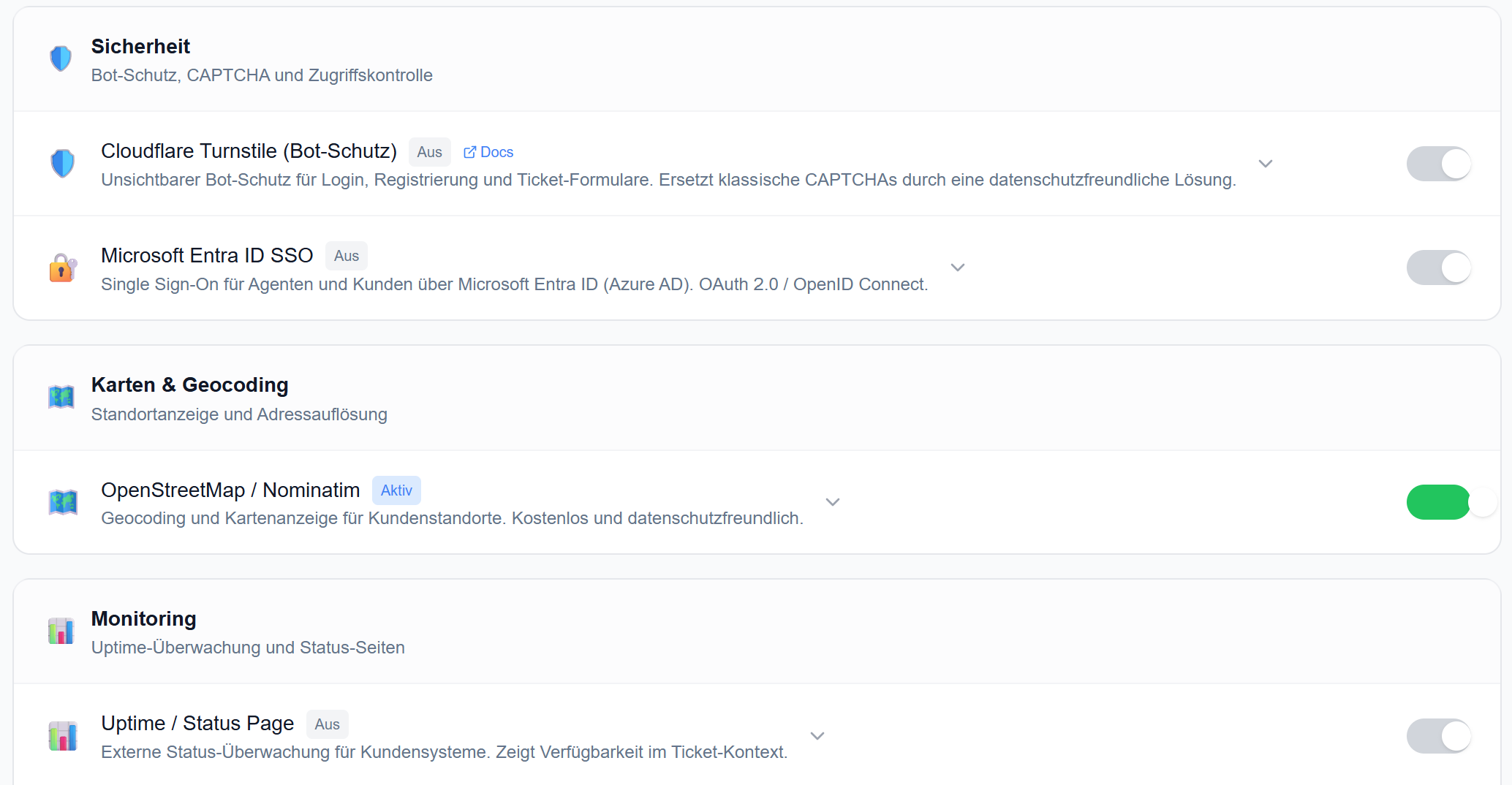 Integrationen — Sicherheit, Karten, Monitoring