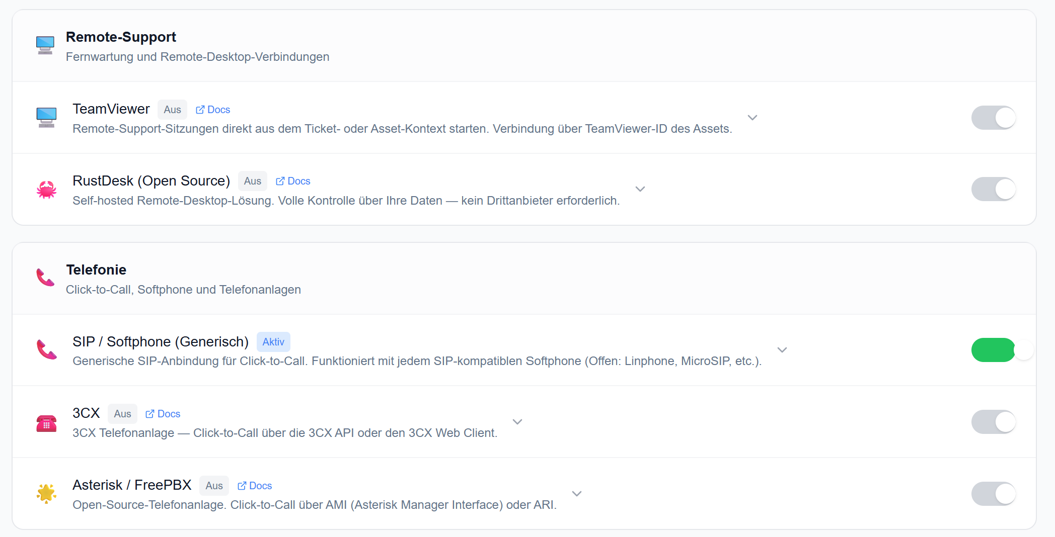 Integrationen — Remote-Support & Telefonie