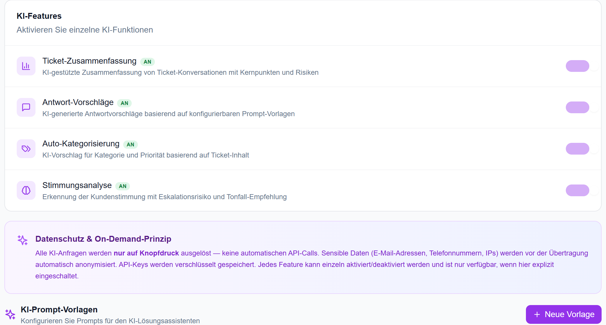 KI-Features — Zusammenfassung, Vorschläge, Kategorisierung