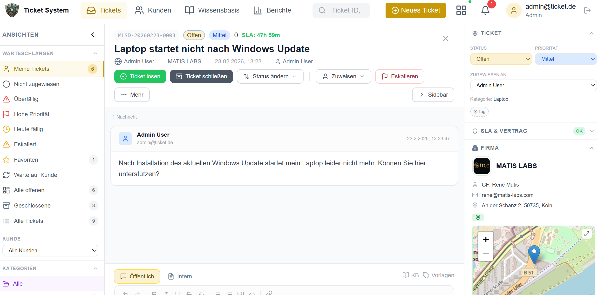 Ticket-Detailansicht mit Konversation